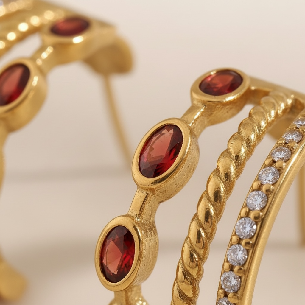Gold Garnet Triple Hoop Earrings, January Birthstone Huggies, Oval Red Gemstone 18K Gold Stainless Steel Statement Hoops