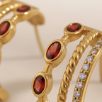 Gold Garnet Triple Hoop Earrings, January Birthstone Huggies, Oval Red Gemstone 18K Gold Stainless Steel Statement Hoops
