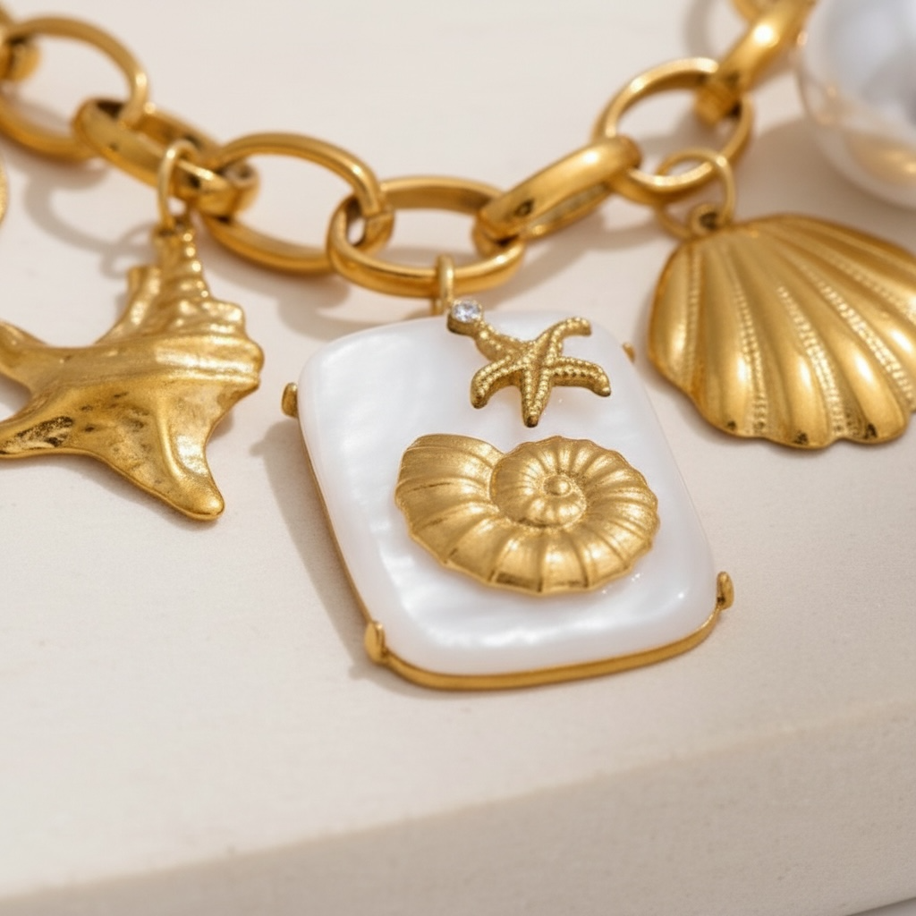 Coastal Chunky Gold Charm Necklace, Chunky Pearl Summer Choker, Mediterranean Beach Jewelry, Trendy Gold Statement Necklace