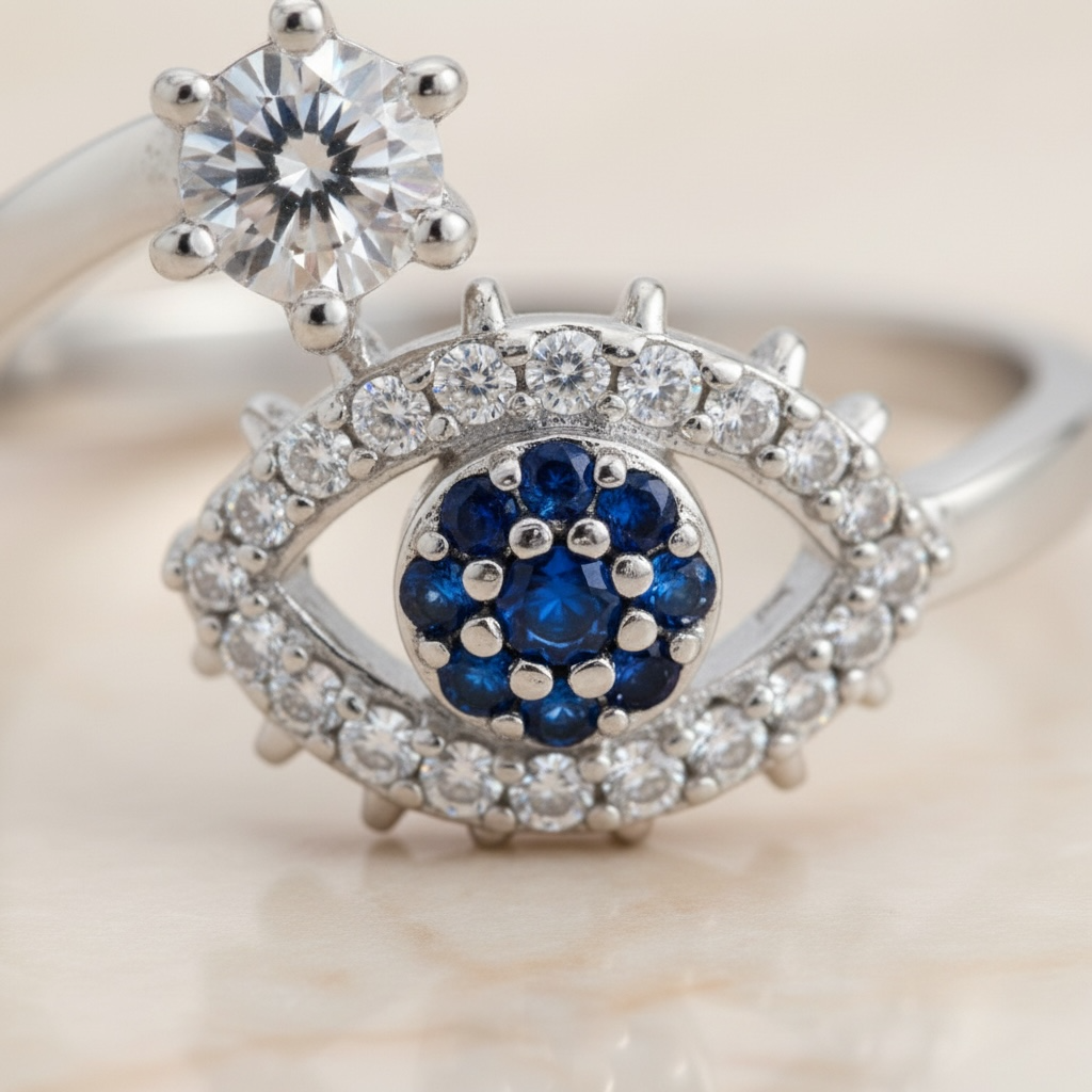 Adjustable Evil Eye Ring in Gold or Silver | CZ Stacking Ring | Dainty Protection Ring | Thin Delicate Good Luck Charm