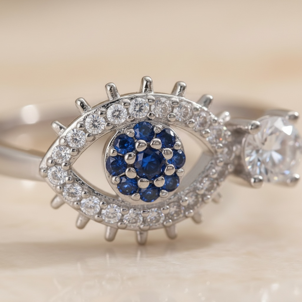 Adjustable Evil Eye Ring in Gold or Silver | CZ Stacking Ring | Dainty Protection Ring | Thin Delicate Good Luck Charm