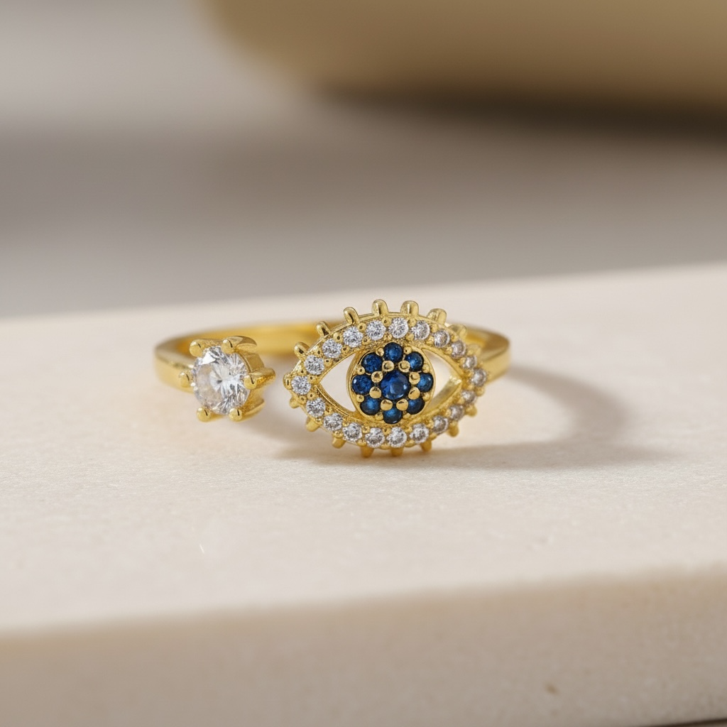 Adjustable Evil Eye Ring in Gold or Silver | CZ Stacking Ring | Dainty Protection Ring | Thin Delicate Good Luck Charm