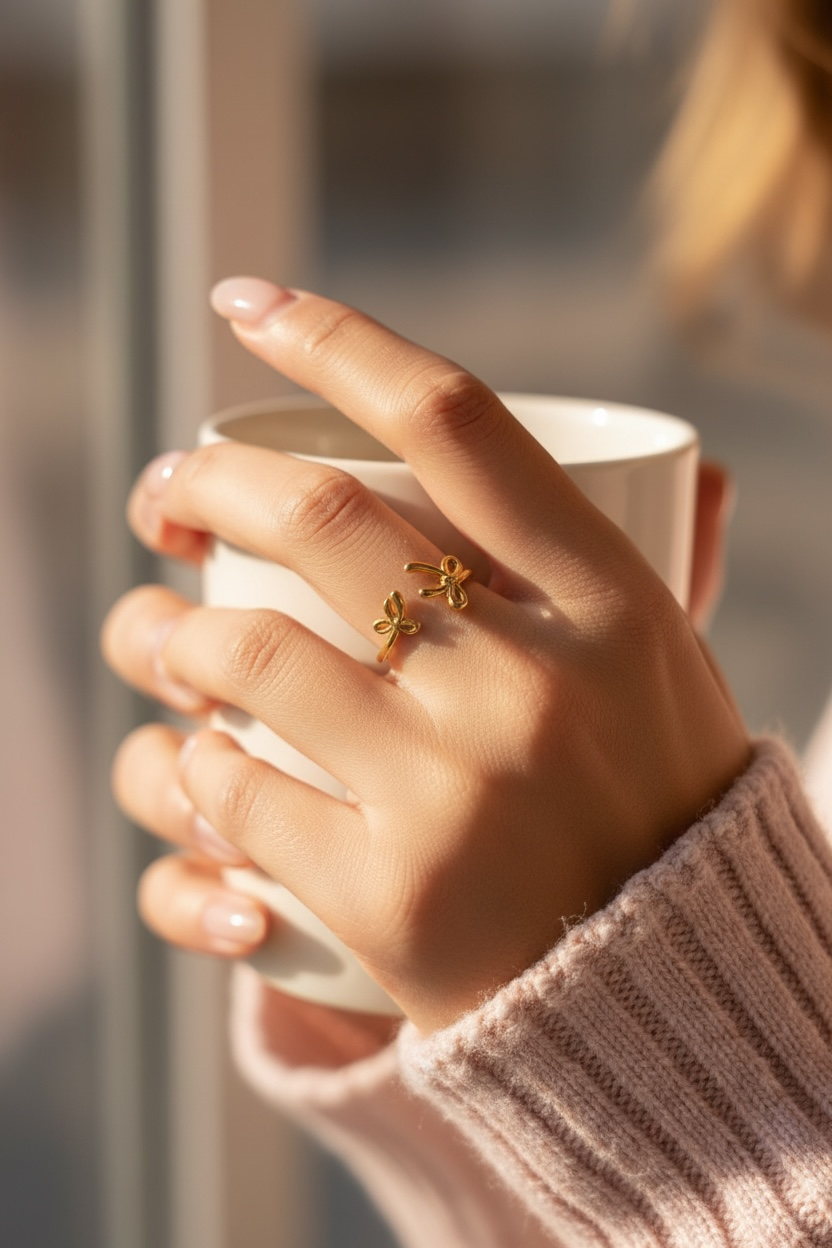 Gold Bow Ring Adjustable, 14K Gold Ribbon Bow Ring, Small Bow Ring, Coquette Jewelry, Delicate Romantic Gift for Her