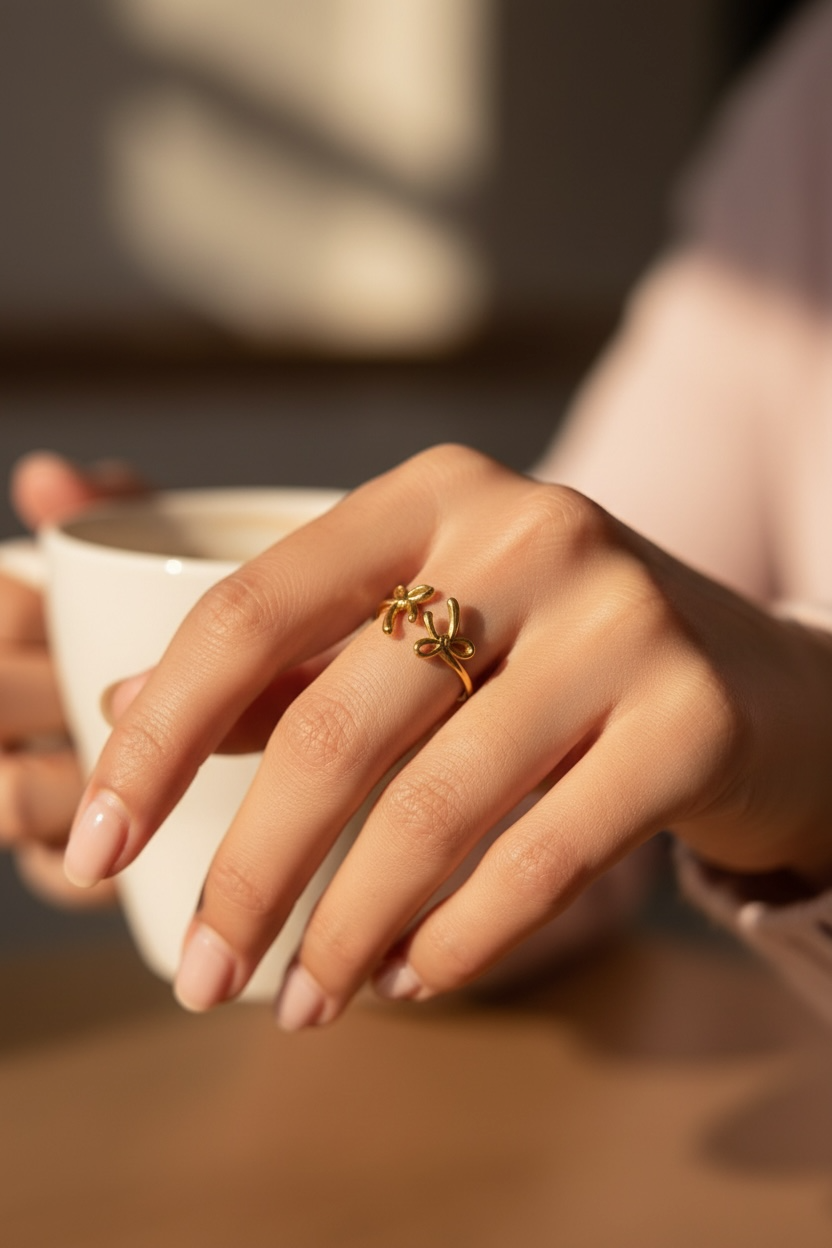 Gold Bow Ring Adjustable, 14K Gold Ribbon Bow Ring, Small Bow Ring, Coquette Jewelry, Delicate Romantic Gift for Her