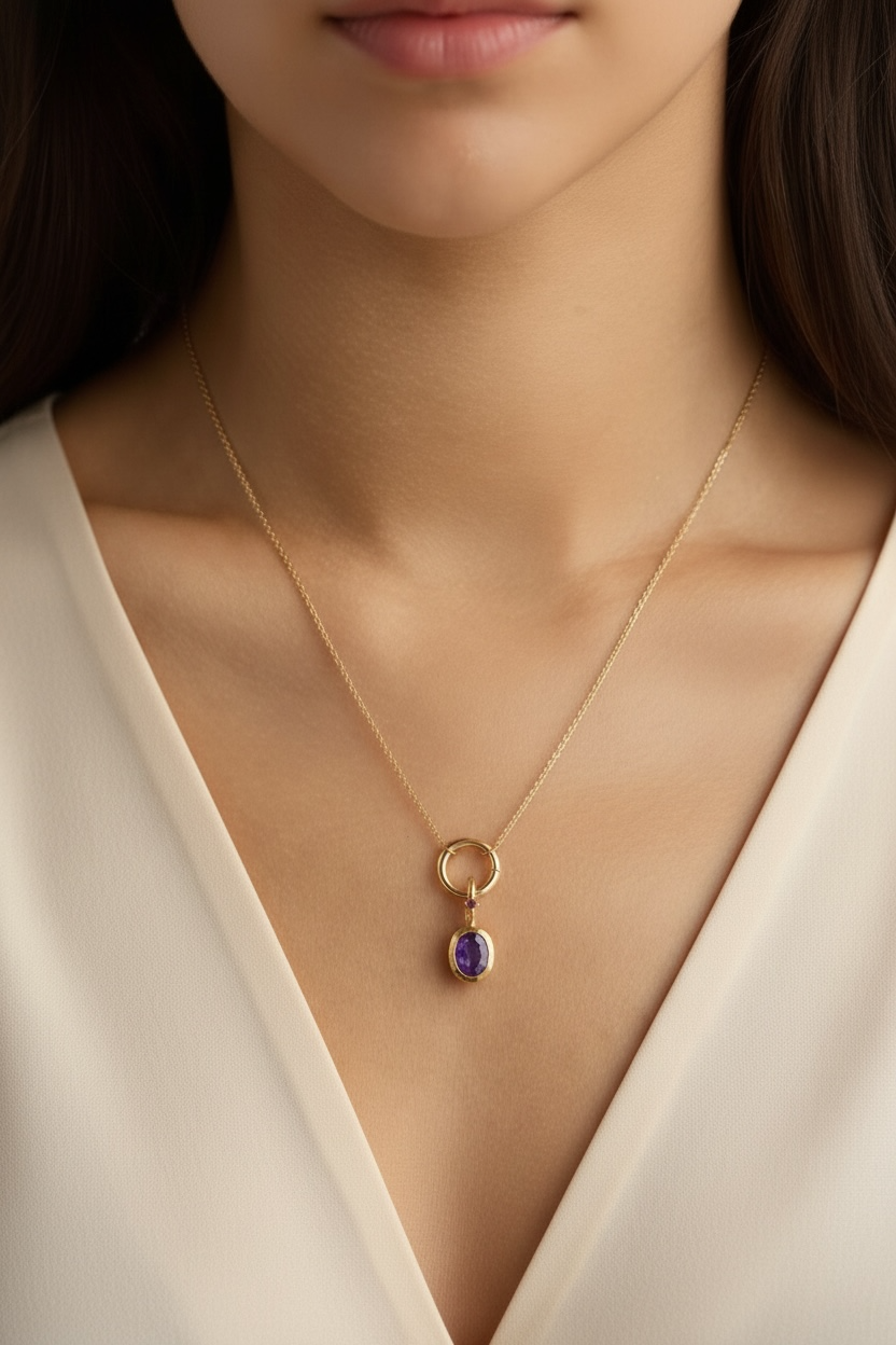 Oval Birthstone Charm Necklace Gold | Custom Waterproof Stainless Steel Pendant | Dainty Layering Necklace Gift for Mom