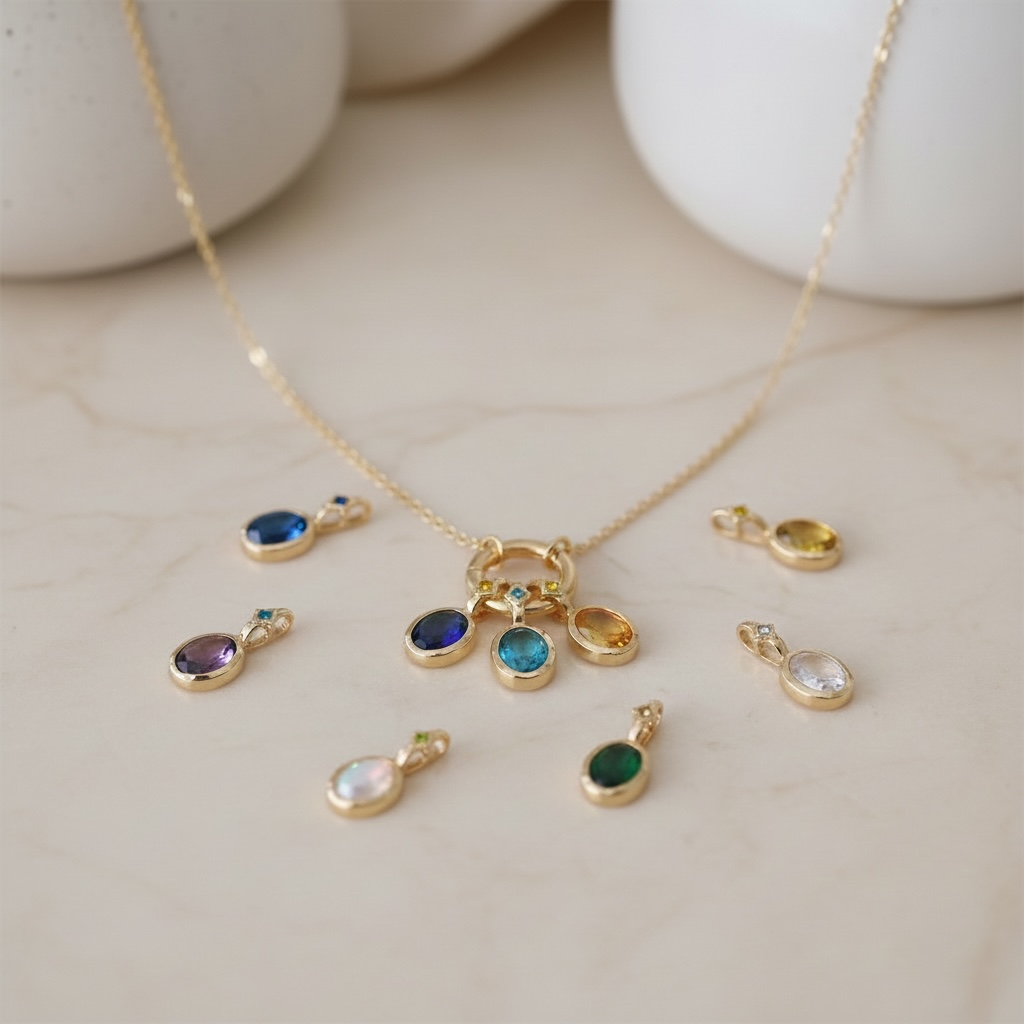 Oval Birthstone Charm Necklace Gold | Custom Waterproof Stainless Steel Pendant | Dainty Layering Necklace Gift for Mom