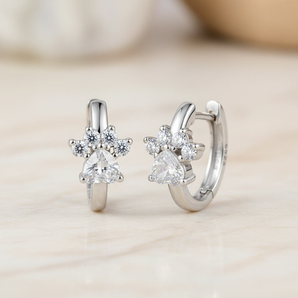 Paw Print Earrings - Dainty Pet Huggie Hoops, Sterling Silver Dog Cat Jewelry