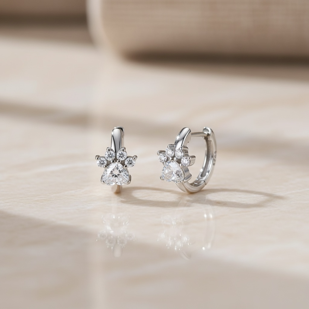 Paw Print Earrings - Dainty Pet Huggie Hoops, Sterling Silver Dog Cat Jewelry