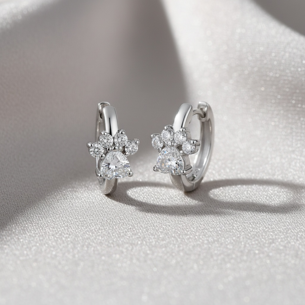 Paw Print Earrings - Dainty Pet Huggie Hoops, Sterling Silver Dog Cat Jewelry