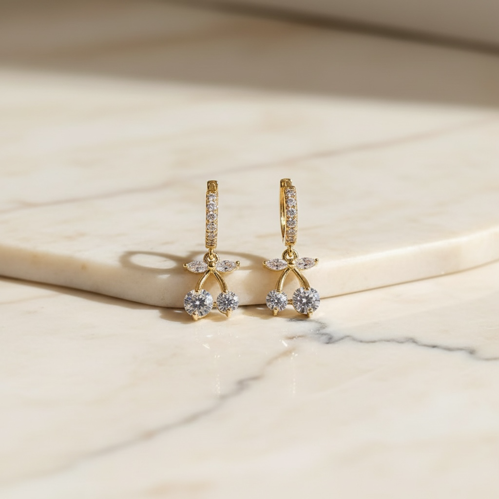 Cherry Huggie Hoop Earrings in Gold | Cute CZ Cherry Charm Hoops | Lightweight Stainless Steel Summer Huggies | Fruit Jewelry