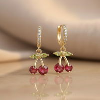 Cherry Huggie Hoop Earrings in Gold | Cute CZ Cherry Charm Hoops | Lightweight Stainless Steel Summer Huggies | Fruit Jewelry