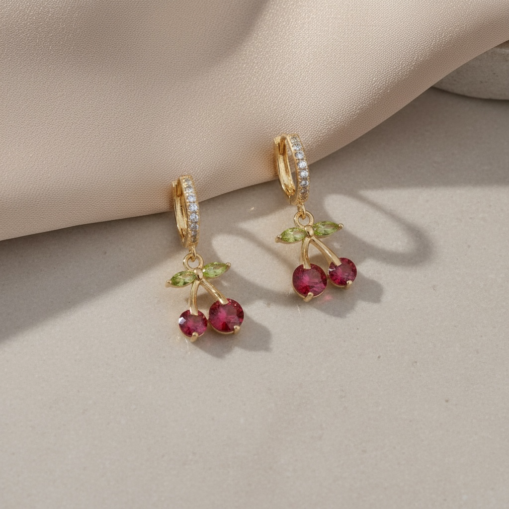 Cherry Huggie Hoop Earrings in Gold | Cute CZ Cherry Charm Hoops | Lightweight Stainless Steel Summer Huggies | Fruit Jewelry