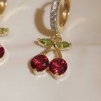 Cherry Huggie Hoop Earrings in Gold | Cute CZ Cherry Charm Hoops | Lightweight Stainless Steel Summer Huggies | Fruit Jewelry