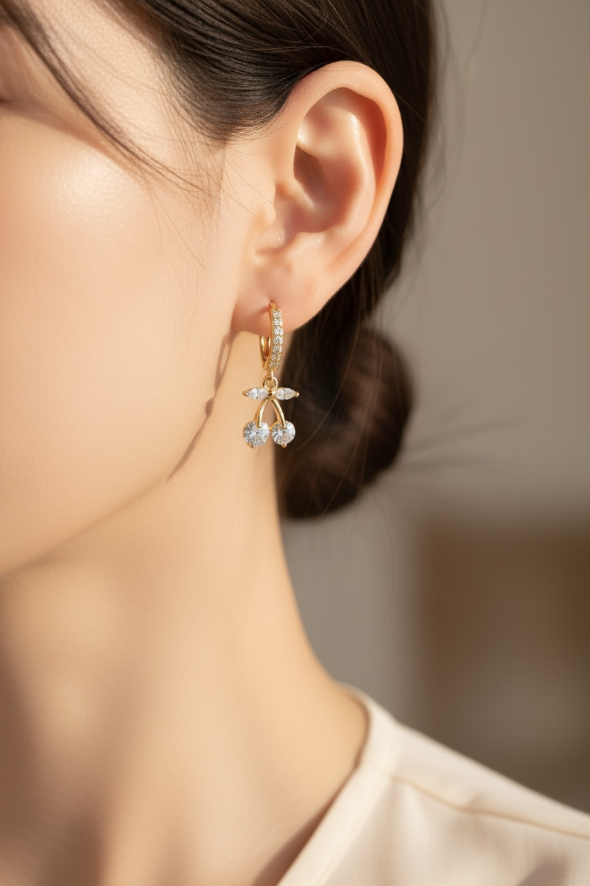 Cherry Huggie Hoop Earrings in Gold | Cute CZ Cherry Charm Hoops | Lightweight Stainless Steel Summer Huggies | Fruit Jewelry