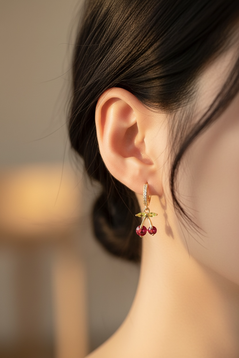 Cherry Huggie Hoop Earrings in Gold | Cute CZ Cherry Charm Hoops | Lightweight Stainless Steel Summer Huggies | Fruit Jewelry