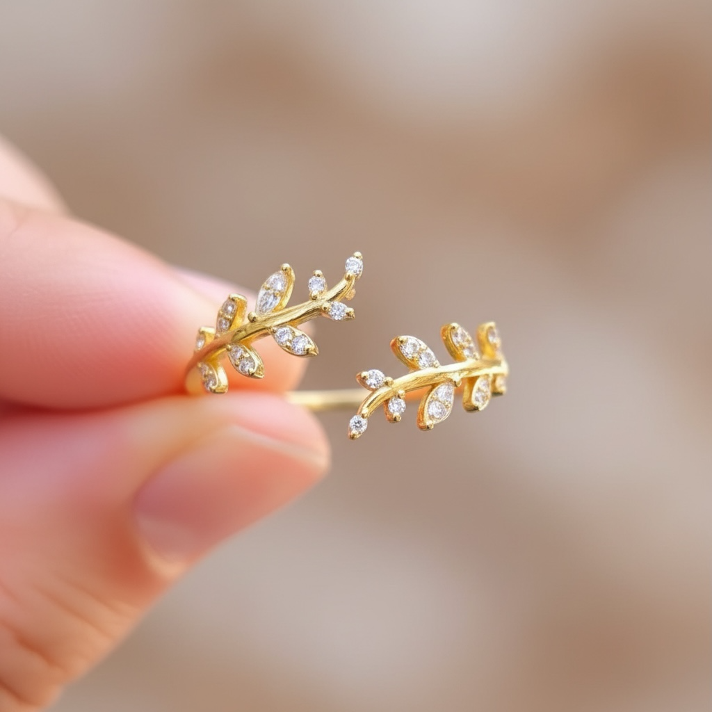 Gold Leaf Ring – Dainty Vine Ring with CZ, Adjustable Curved Flower Band, Promise Ring for Her