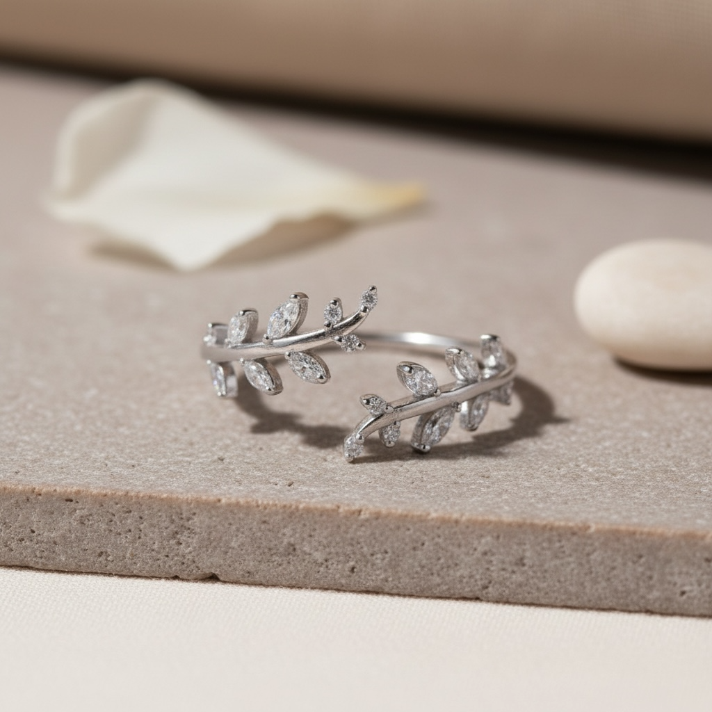 Gold Leaf Ring – Dainty Vine Ring with CZ, Adjustable Curved Flower Band, Promise Ring for Her