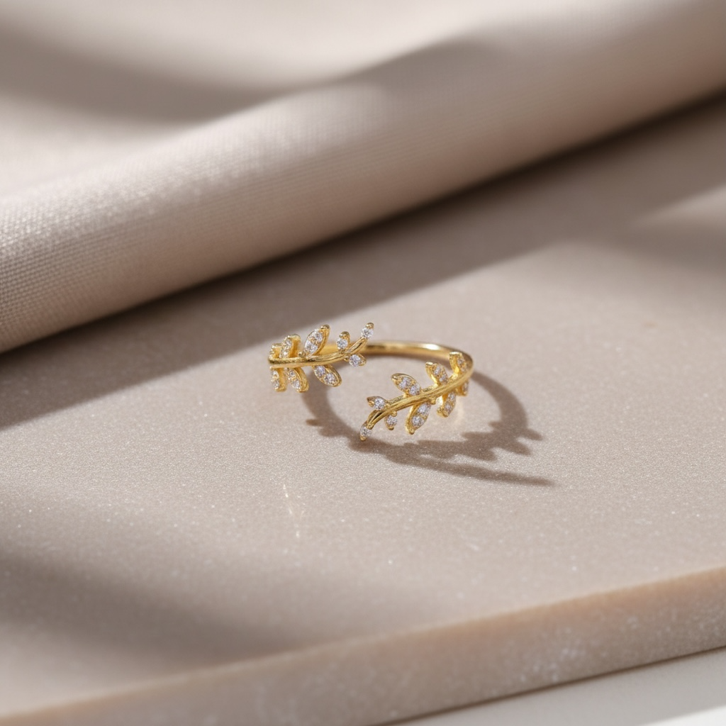 Gold Leaf Ring – Dainty Vine Ring with CZ, Adjustable Curved Flower Band, Promise Ring for Her