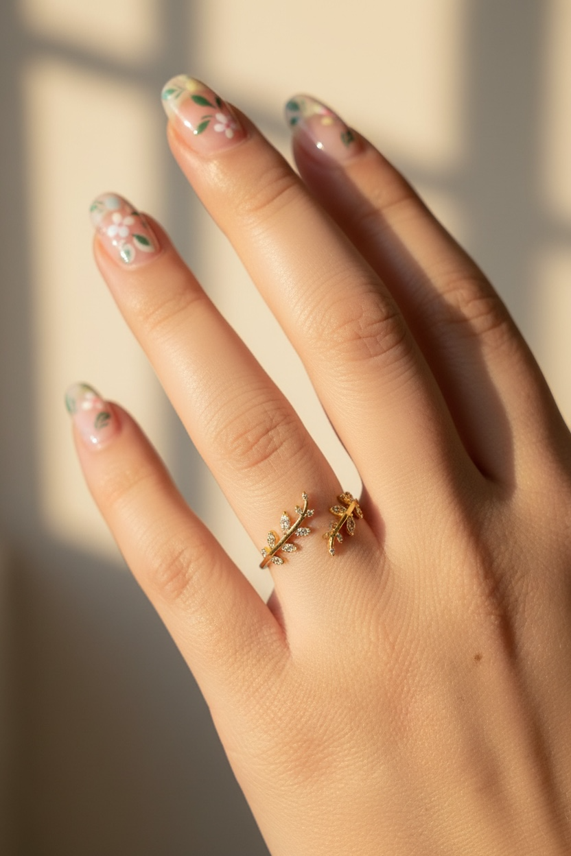 Gold Leaf Ring – Dainty Vine Ring with CZ, Adjustable Curved Flower Band, Promise Ring for Her