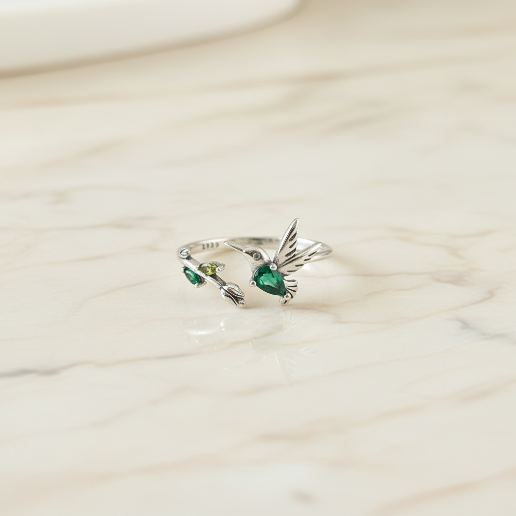 Hummingbird Ring: Sterling Silver Rose Flower Leaf Wrap, Adjustable Band