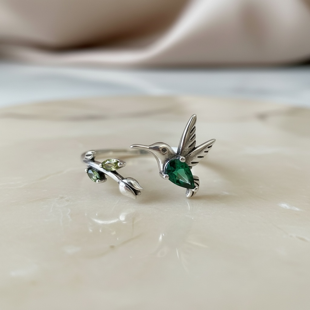 Hummingbird Ring: Sterling Silver Rose Flower Leaf Wrap, Adjustable Band