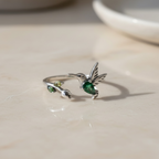 Hummingbird Ring: Sterling Silver Rose Flower Leaf Wrap, Adjustable Band