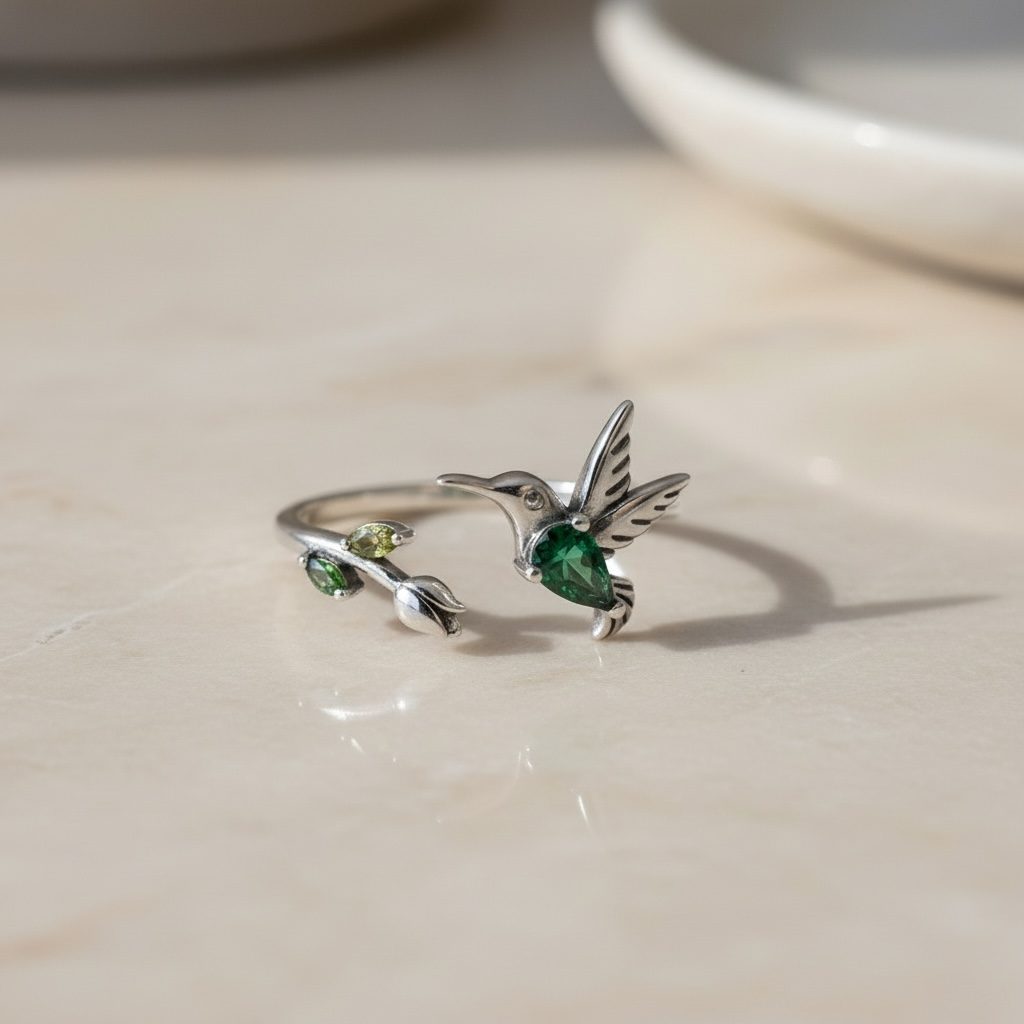 Hummingbird Ring: Sterling Silver Rose Flower Leaf Wrap, Adjustable Band