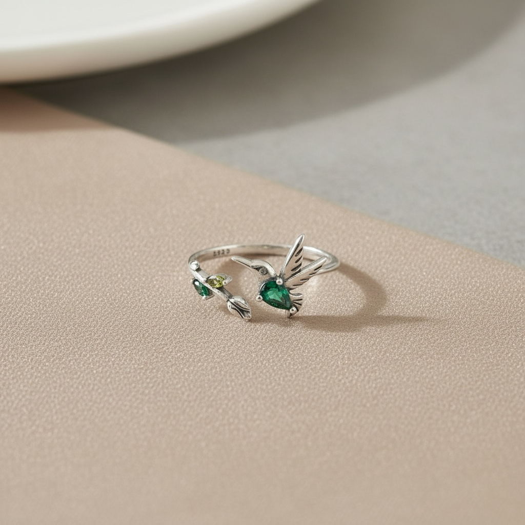 Hummingbird Ring: Sterling Silver Rose Flower Leaf Wrap, Adjustable Band