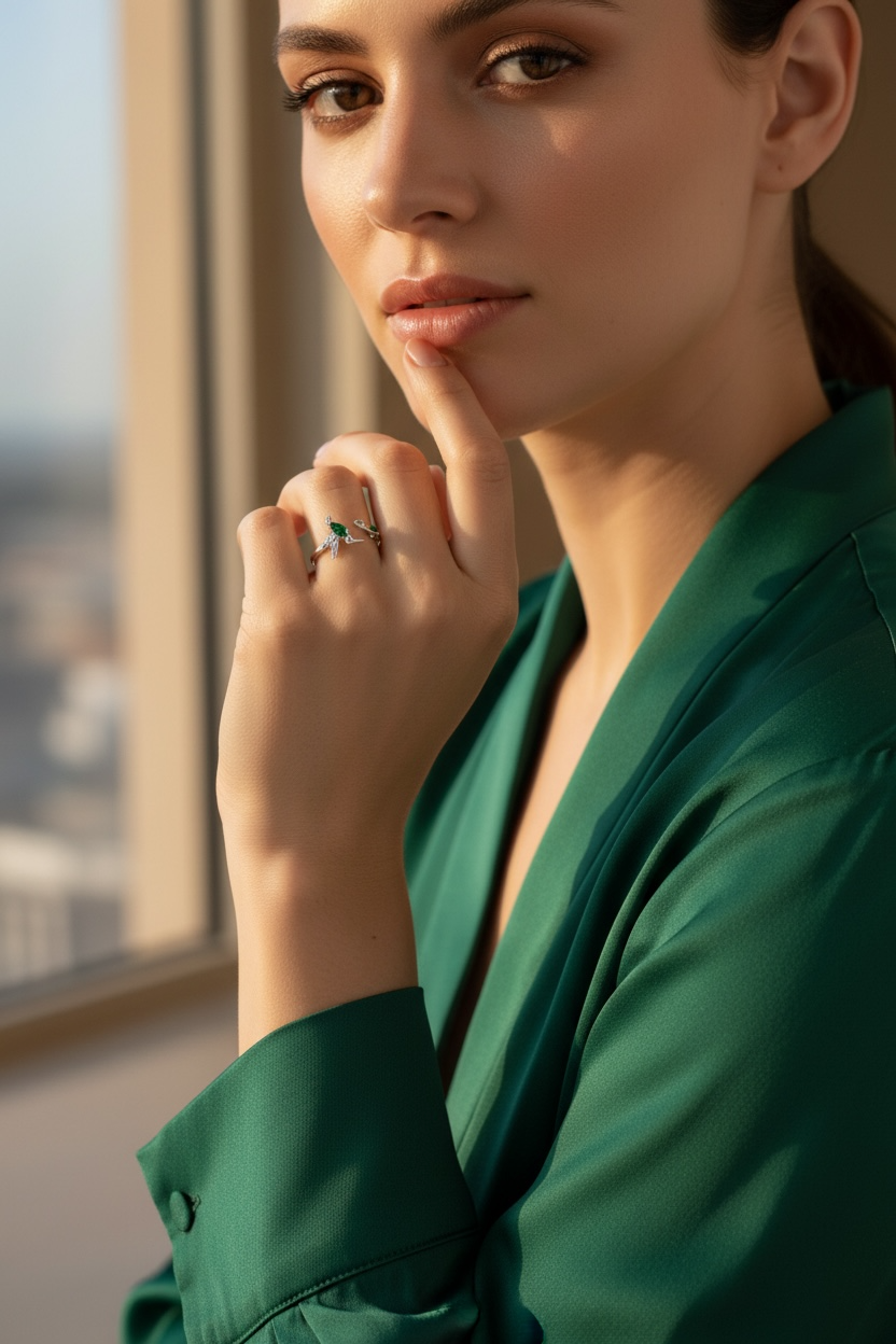 Hummingbird Ring: Sterling Silver Rose Flower Leaf Wrap, Adjustable Band