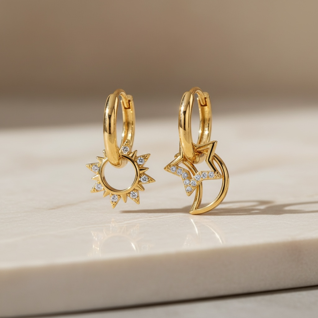 Mismatched Star Earrings – Celestial Sun & Moon Huggie Hoops, Dainty Starburst Earrings, Sterling Silver Gift for Her