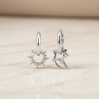 Mismatched Star Earrings – Celestial Sun & Moon Huggie Hoops, Dainty Starburst Earrings, Sterling Silver Gift for Her