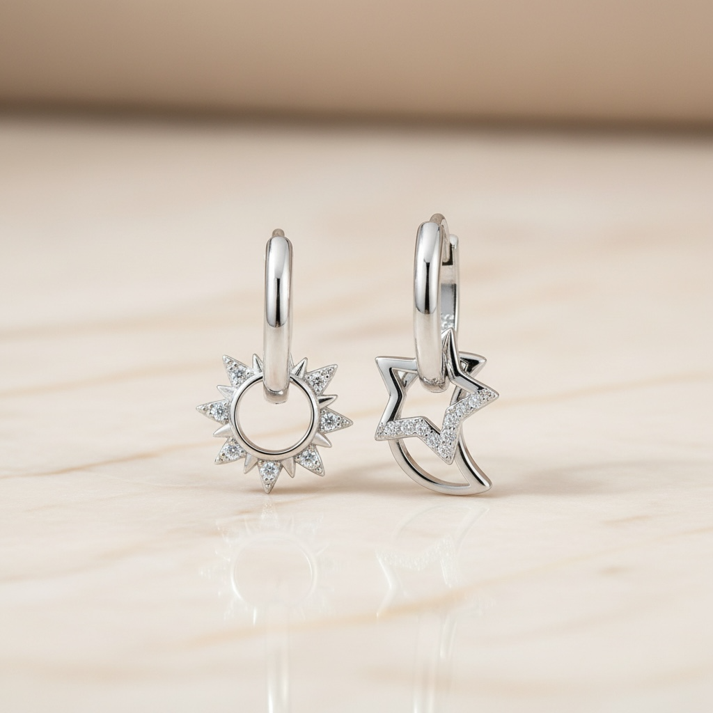 Mismatched Star Earrings – Celestial Sun & Moon Huggie Hoops, Dainty Starburst Earrings, Sterling Silver Gift for Her