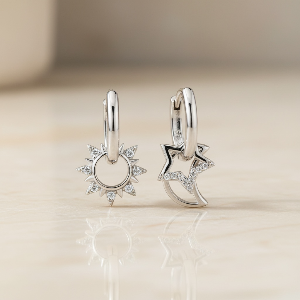 Mismatched Star Earrings – Celestial Sun & Moon Huggie Hoops, Dainty Starburst Earrings, Sterling Silver Gift for Her