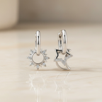 Mismatched Star Earrings – Celestial Sun & Moon Huggie Hoops, Dainty Starburst Earrings, Sterling Silver Gift for Her
