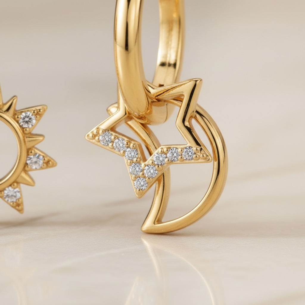 Mismatched Star Earrings – Celestial Sun & Moon Huggie Hoops, Dainty Starburst Earrings, Sterling Silver Gift for Her