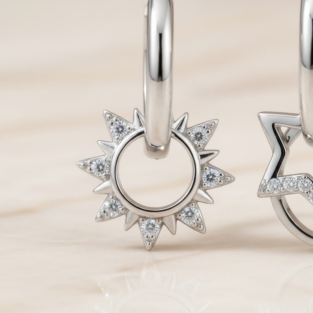 Mismatched Star Earrings – Celestial Sun & Moon Huggie Hoops, Dainty Starburst Earrings, Sterling Silver Gift for Her