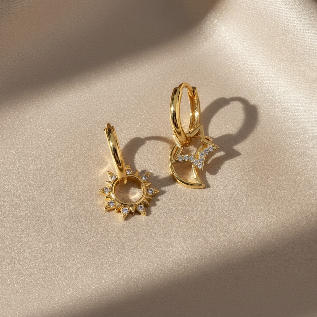 Mismatched Star Earrings – Celestial Sun & Moon Huggie Hoops, Dainty Starburst Earrings, Sterling Silver Gift for Her