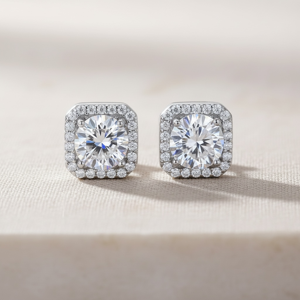 Iced Out Moissanite Studs – Square 925 Silver Earrings, Passes Diamond Test