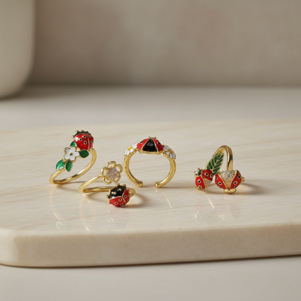 Ladybug Ring – Gold Plated, Enamel Flower Nature Ring, Adjustable