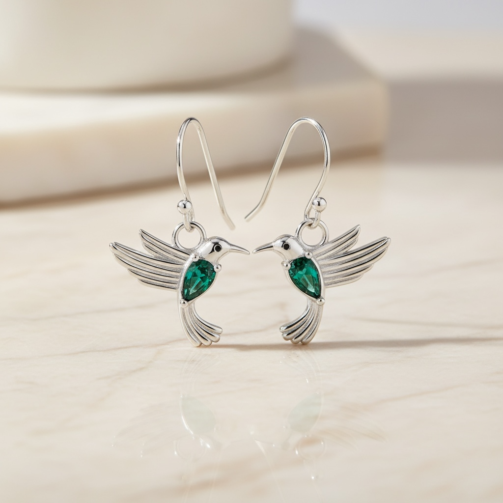 Hummingbird Earrings Sterling Silver | Flying Bird Earrings with Emerald Accent | Nature Jewelry Gift