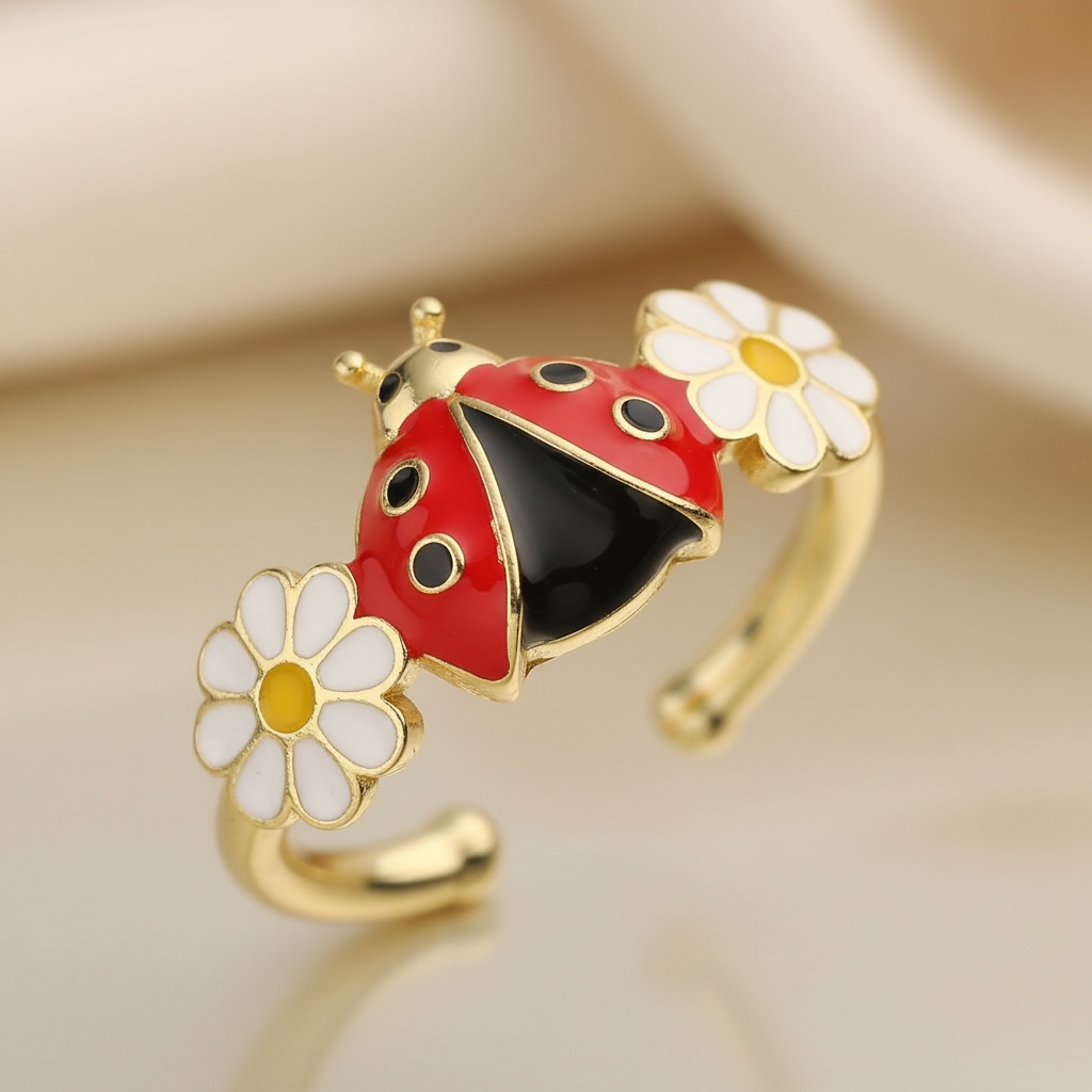 Ladybug Ring – Gold Plated, Enamel Flower Nature Ring, Adjustable