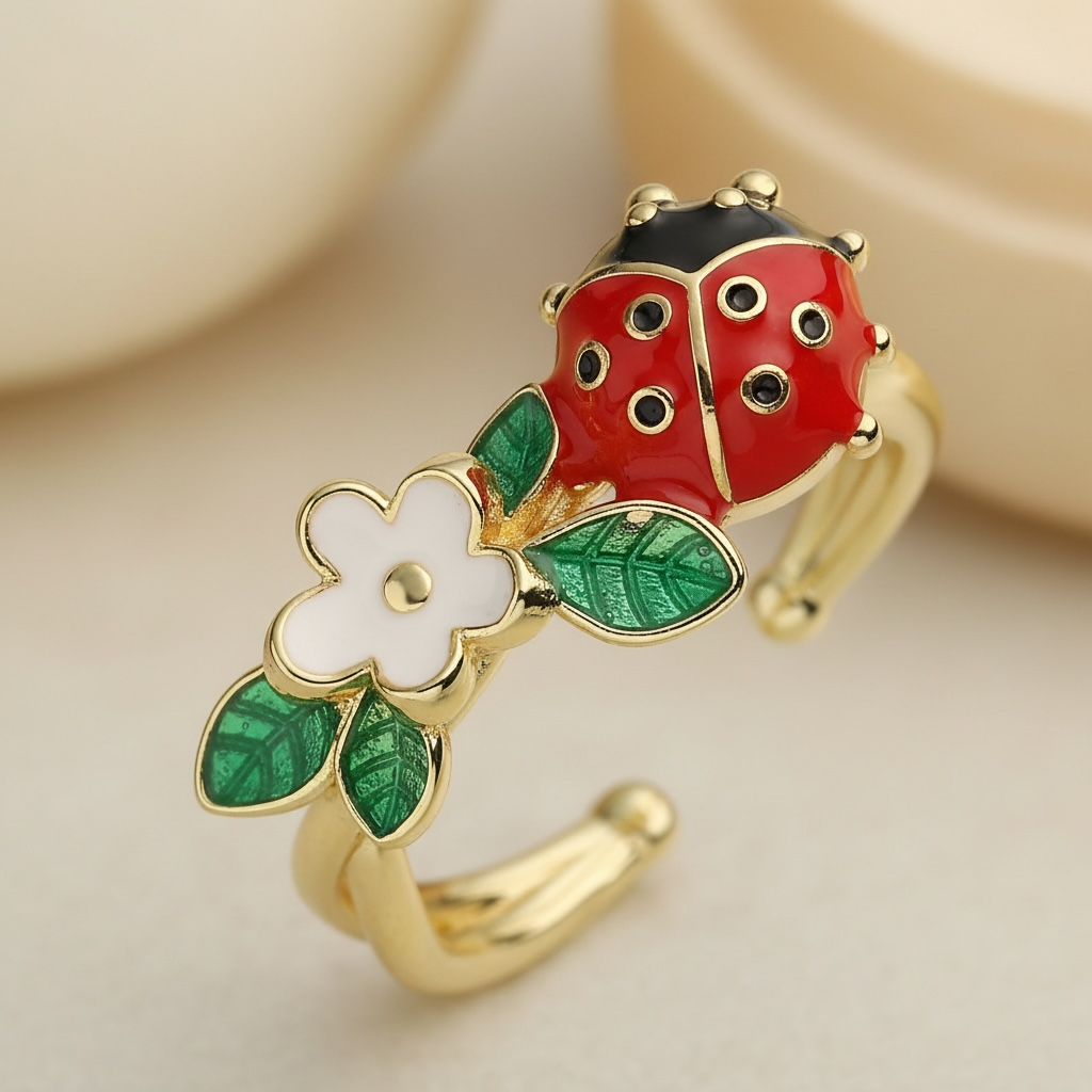Ladybug Ring – Gold Plated, Enamel Flower Nature Ring, Adjustable