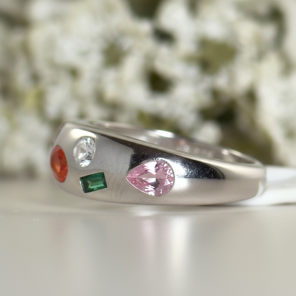 Mixed Gemstone Ring – Chunky Dome Statement Ring with Rainbow Stones, Gold Oversize Ring, Bold Fashion Band