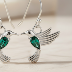 Hummingbird Earrings Sterling Silver | Flying Bird Earrings with Emerald Accent | Nature Jewelry Gift