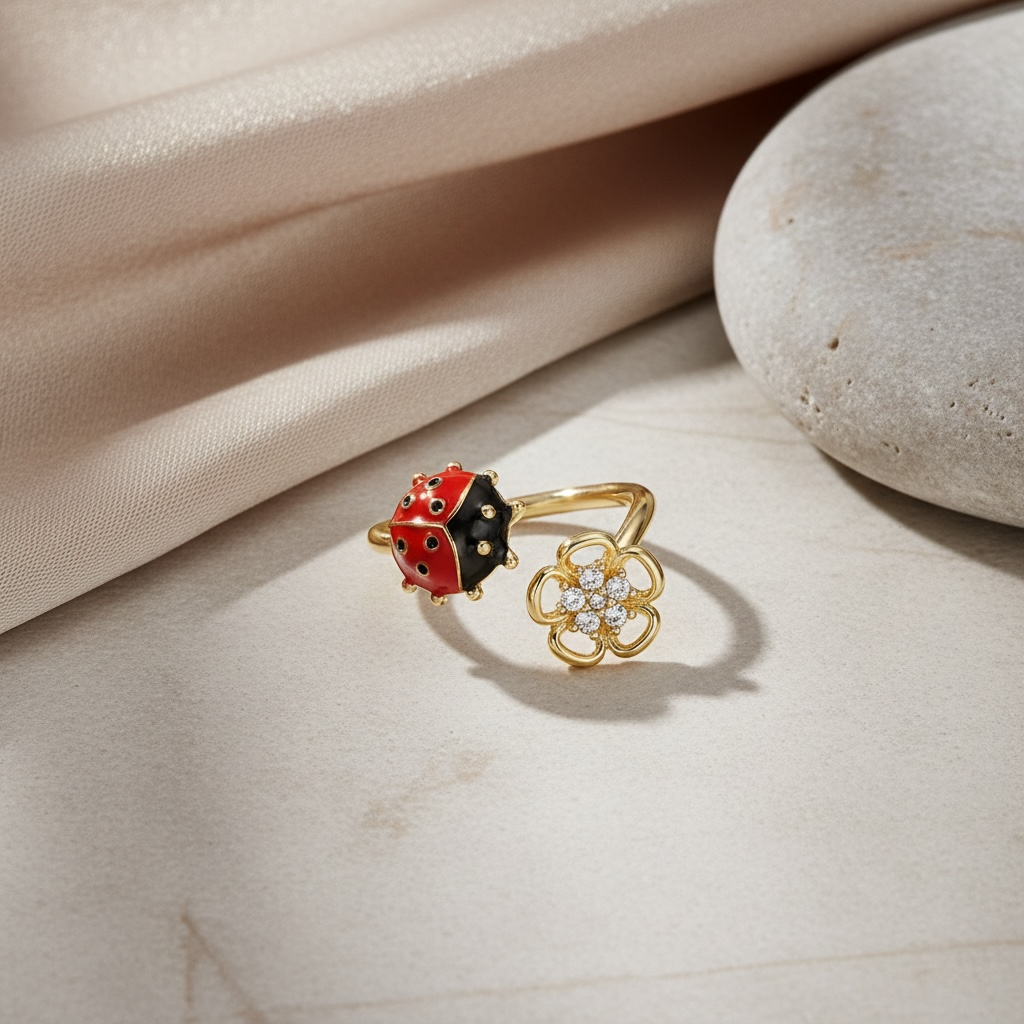 Ladybug Ring – Gold Plated, Enamel Flower Nature Ring, Adjustable