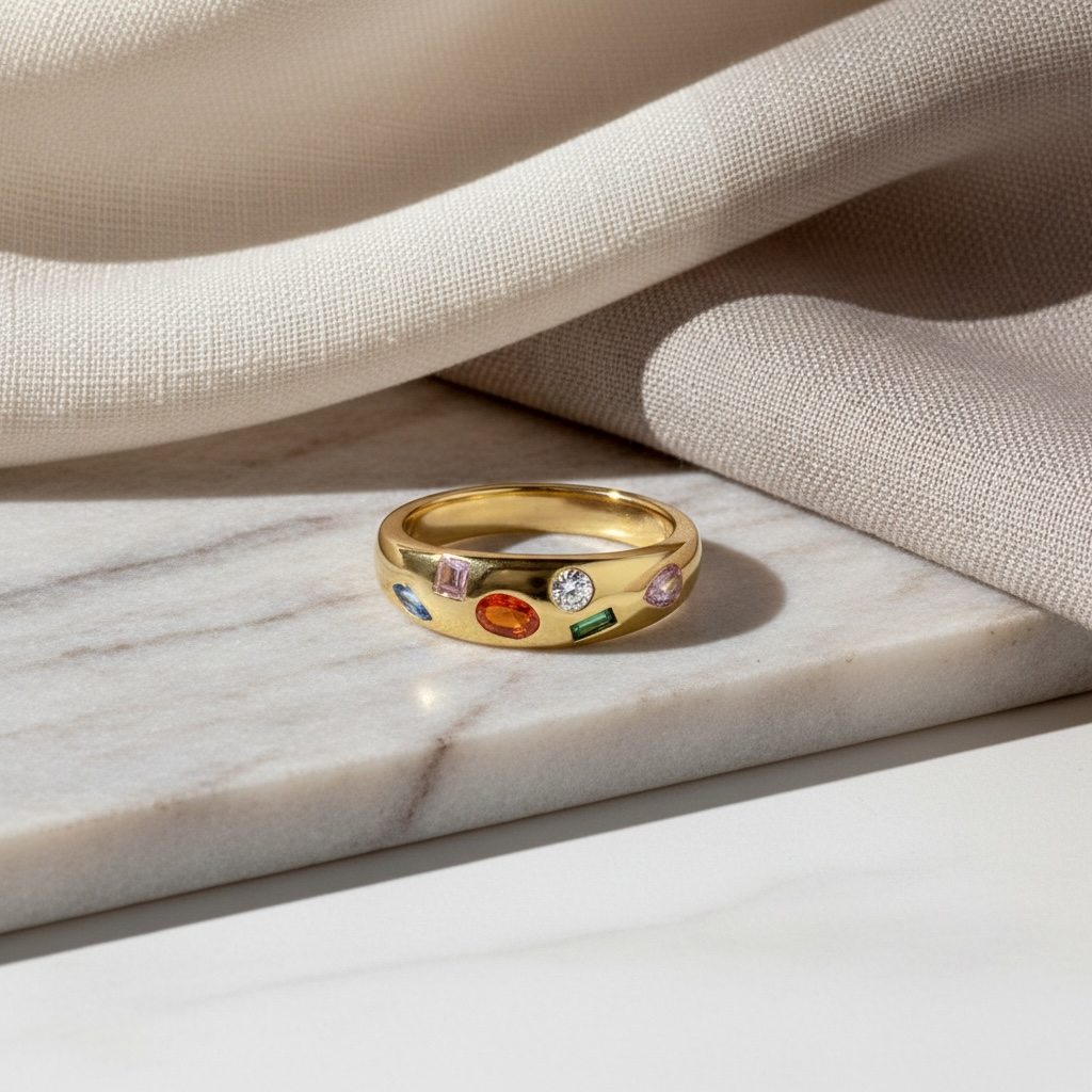 Mixed Gemstone Ring – Chunky Dome Statement Ring with Rainbow Stones, Gold Oversize Ring, Bold Fashion Band