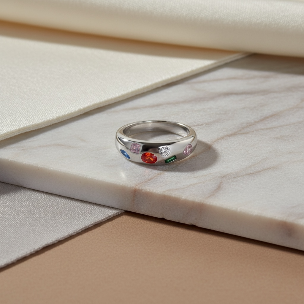 Mixed Gemstone Ring – Chunky Dome Statement Ring with Rainbow Stones, Gold Oversize Ring, Bold Fashion Band
