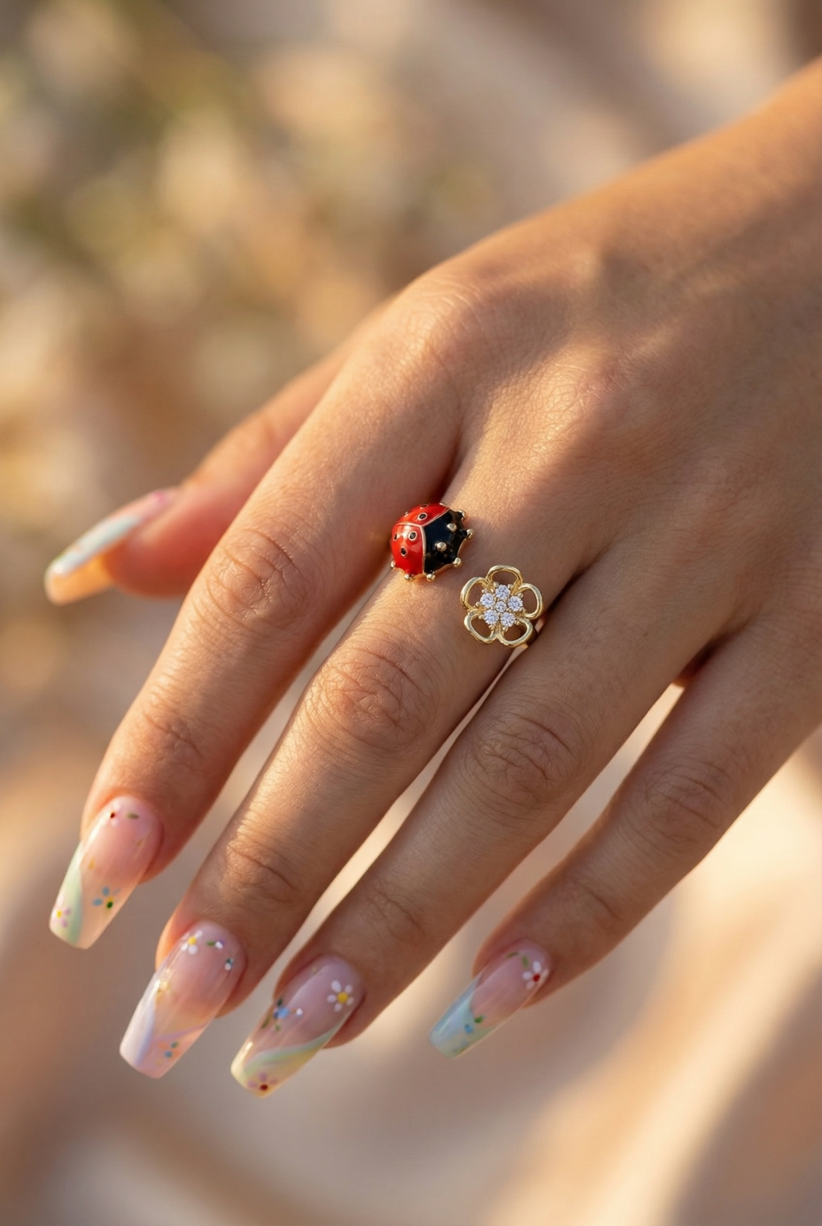 Ladybug Ring – Gold Plated, Enamel Flower Nature Ring, Adjustable