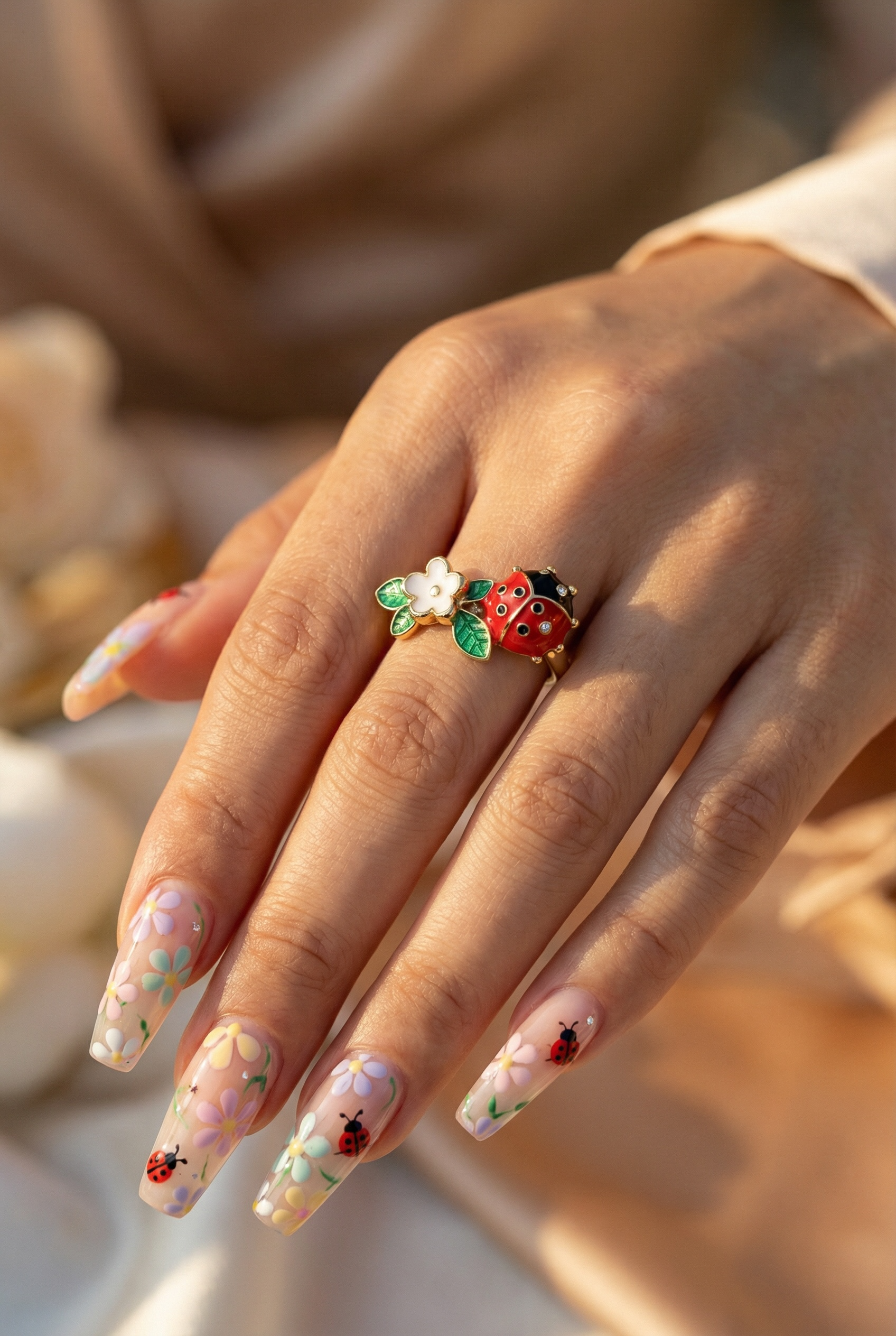 Ladybug Ring – Gold Plated, Enamel Flower Nature Ring, Adjustable