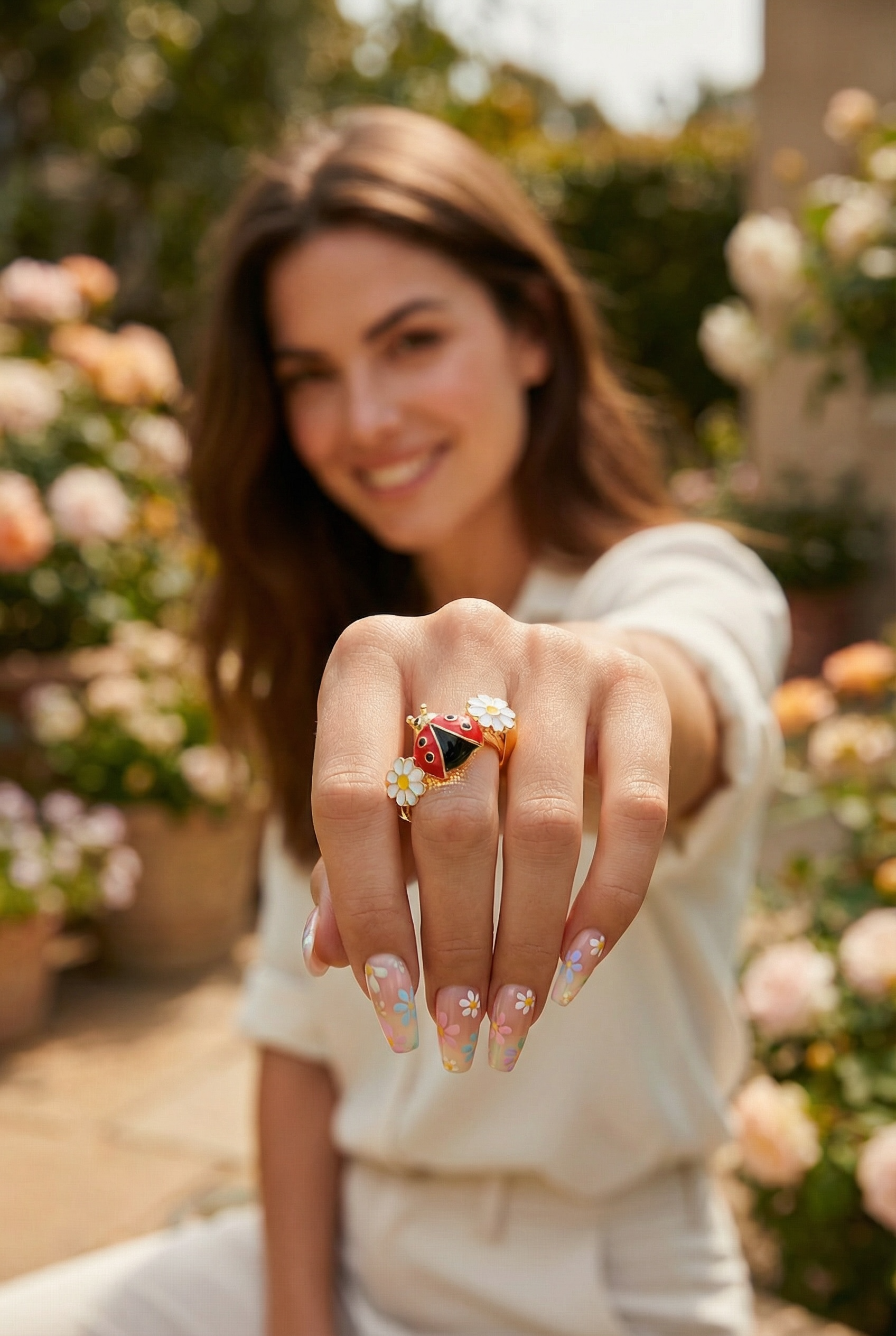 Ladybug Ring – Gold Plated, Enamel Flower Nature Ring, Adjustable